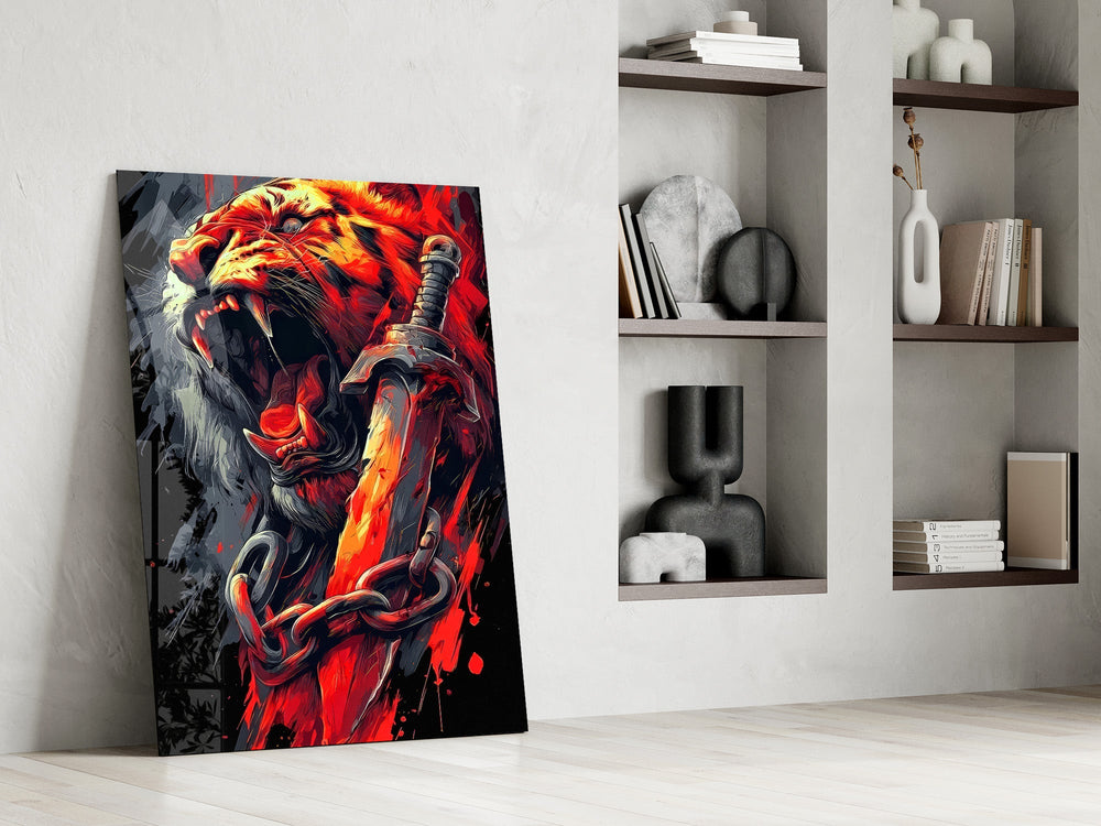 Roaring Tiger with Chained Sword Glass Wall Art