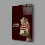 Money Energy Hand with Cash Typography Glass Wall Art