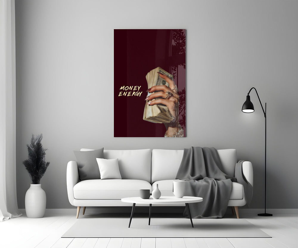 Money Energy Hand with Cash Typography Glass Wall Art