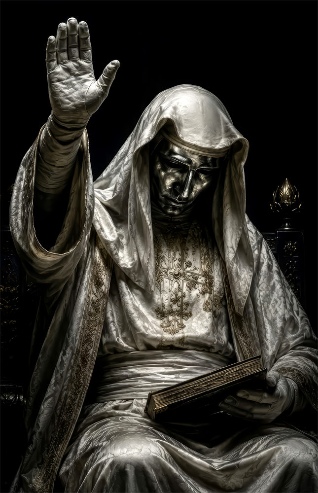 Silver Masked Oracle with Book Dark Glass Wall Art