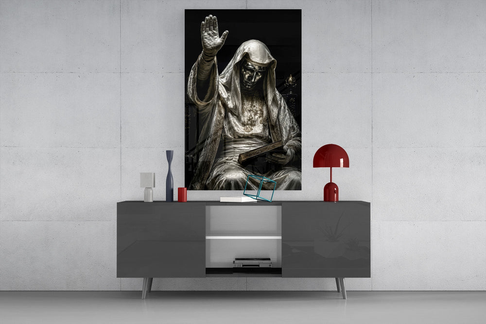 Silver Masked Oracle with Book Dark Glass Wall Art