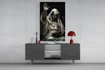 Silver Masked Oracle with Book Dark Glass Wall Art