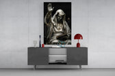 Silver Masked Oracle with Book Dark Glass Wall Art