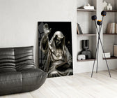 Silver Masked Oracle with Book Dark Glass Wall Art