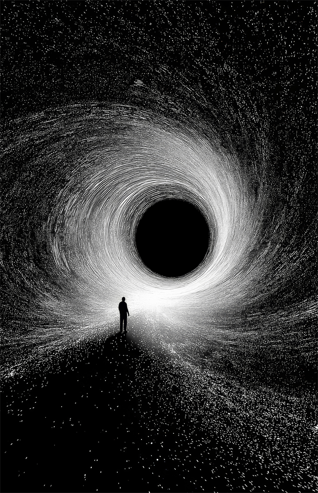 Lone Figure Before the Black Hole Glass Wall Art