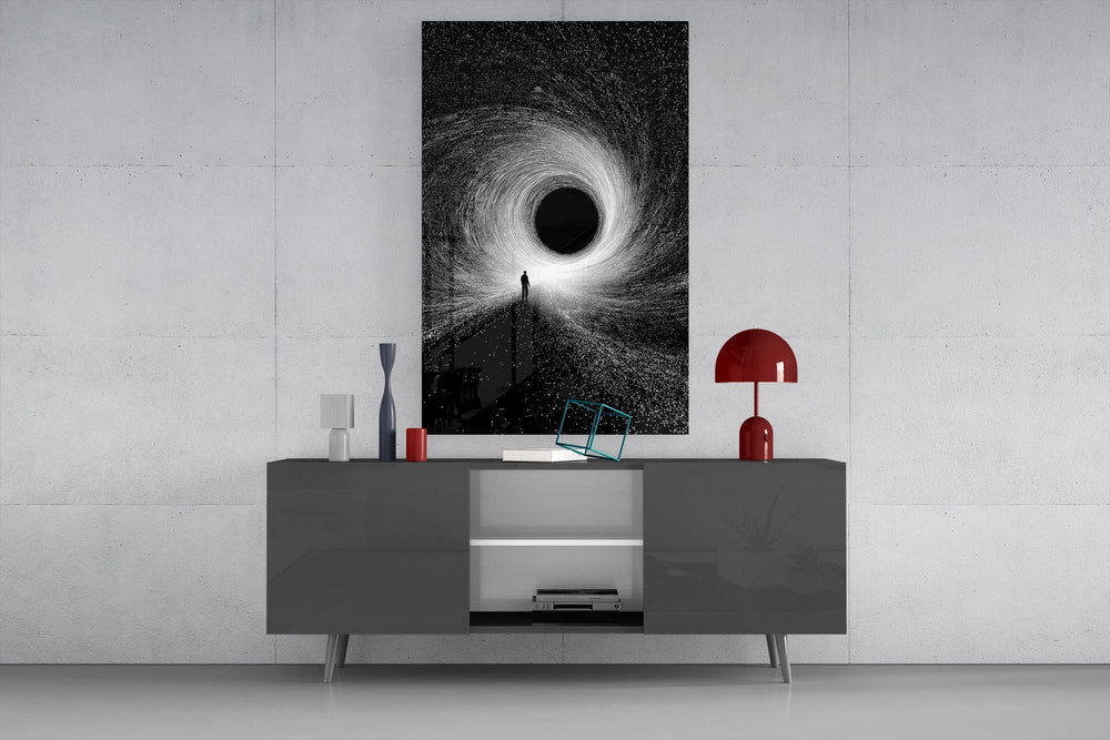 Lone Figure Before the Black Hole Glass Wall Art