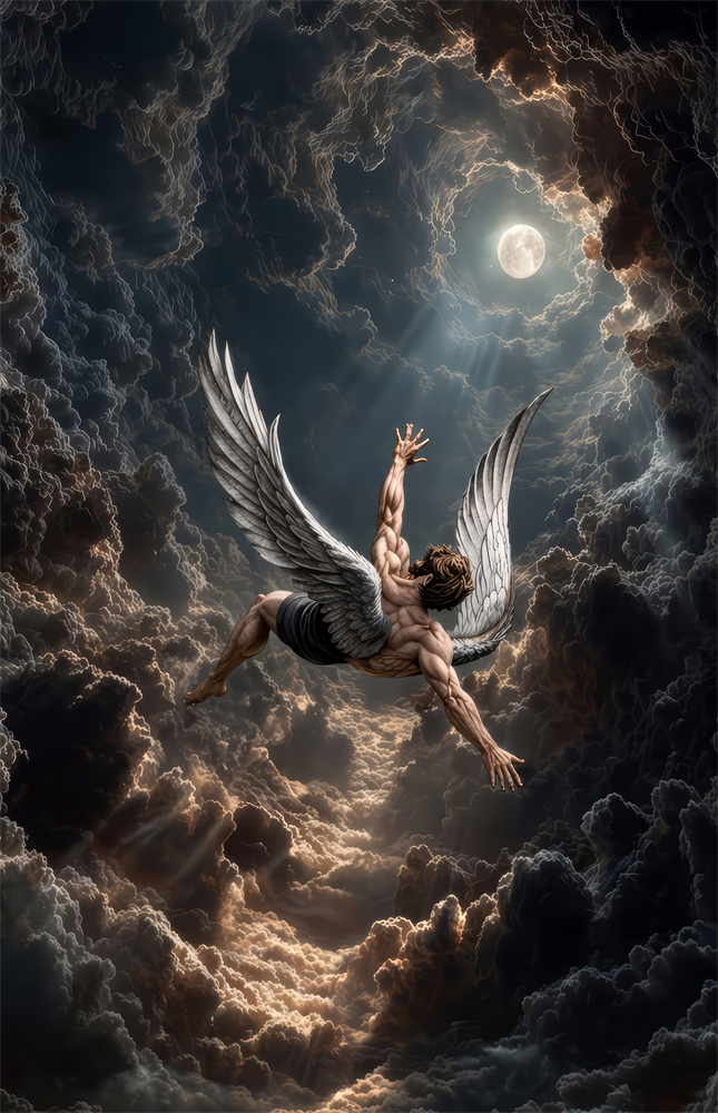 Icarus Falling Through Moonlit Clouds Glass Wall Art