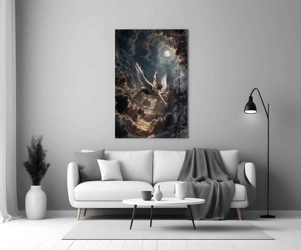 Icarus Falling Through Moonlit Clouds Glass Wall Art