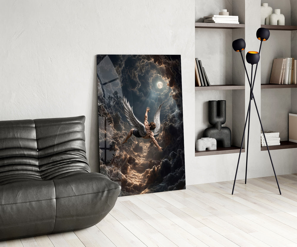 Icarus Falling Through Moonlit Clouds Glass Wall Art