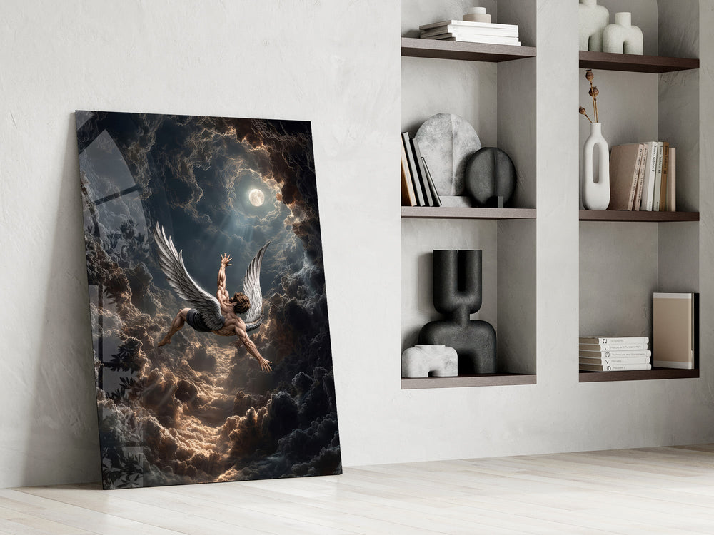Icarus Falling Through Moonlit Clouds Glass Wall Art