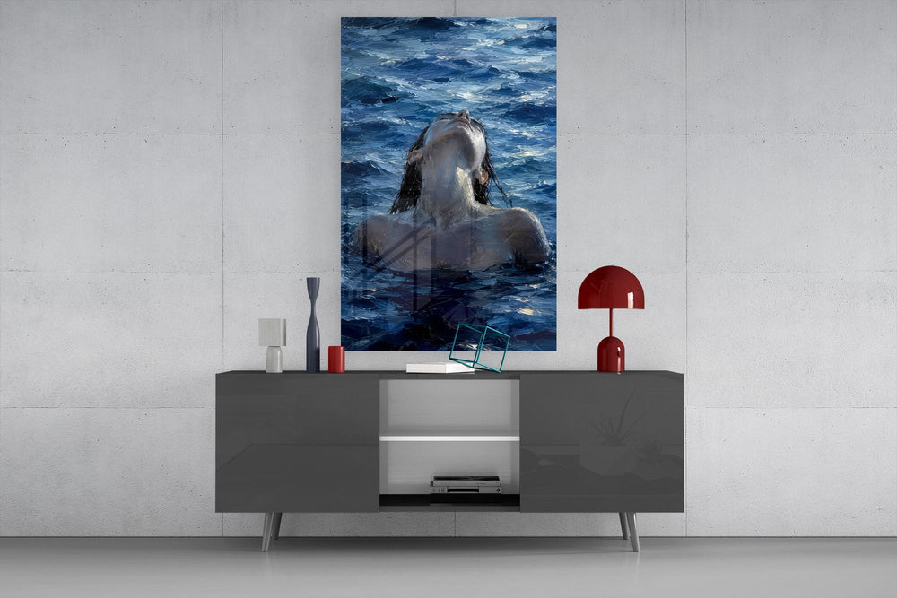 Woman Rising from the Sea Impasto Glass Wall Art