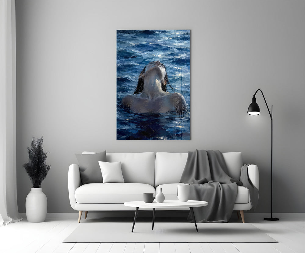 Woman Rising from the Sea Impasto Glass Wall Art