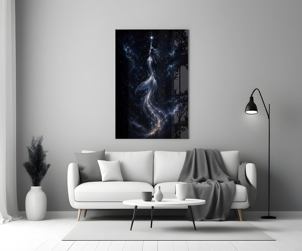 Celestial Mermaid Reaching for a Star Glass Wall Art
