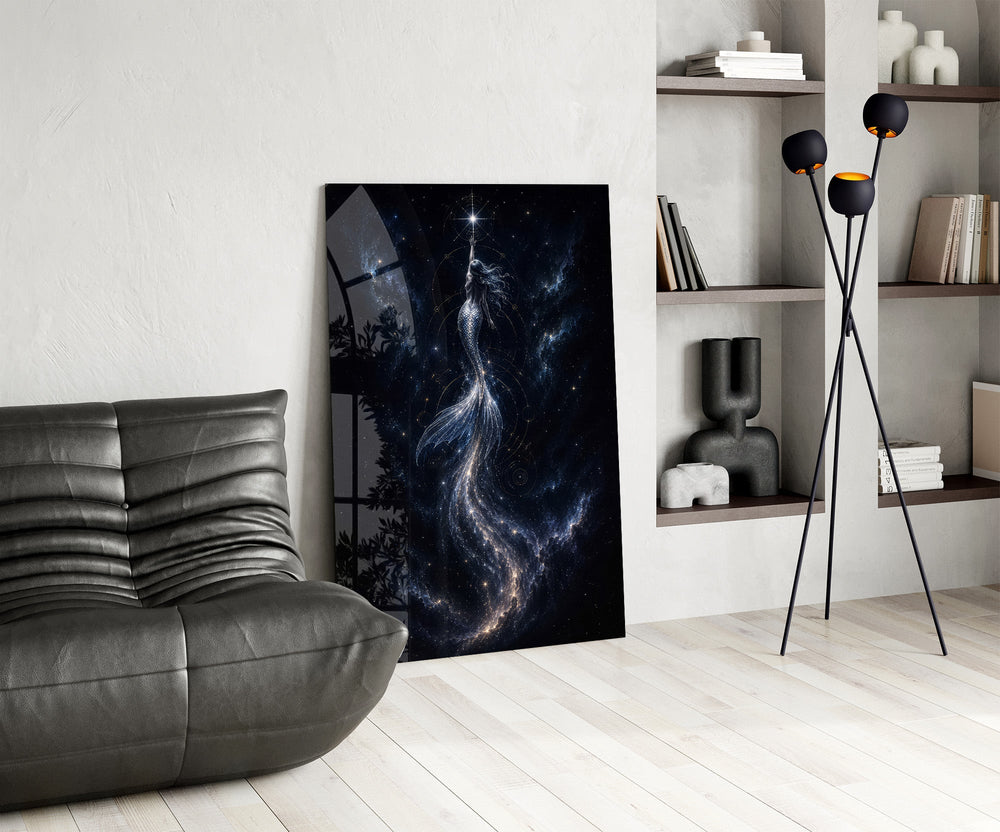 Celestial Mermaid Reaching for a Star Glass Wall Art