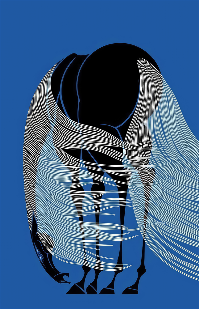 Horse with Flowing Mane Line Art on Blue Glass Wall Art