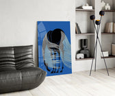 Horse with Flowing Mane Line Art on Blue Glass Wall Art