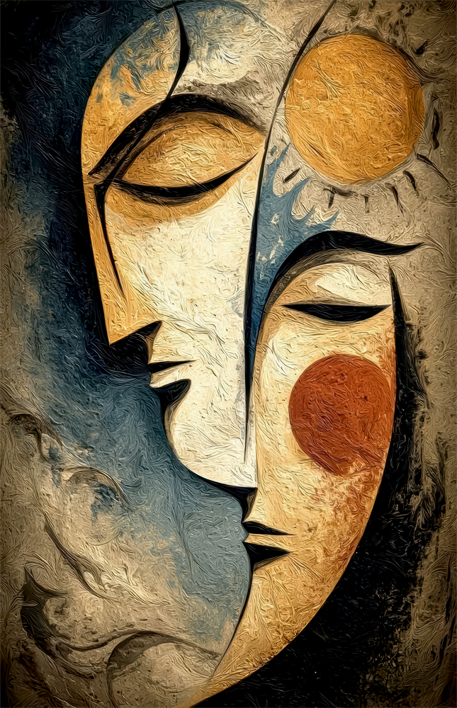 Sun and Moon Faces Cubist Textured Glass Wall Art