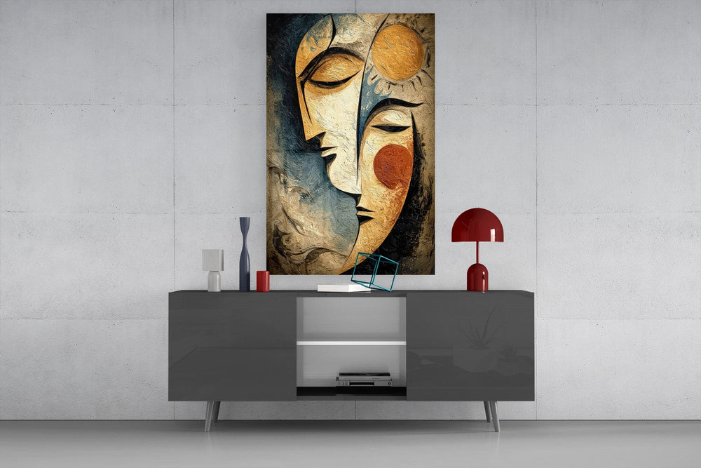 Sun and Moon Faces Cubist Textured Glass Wall Art