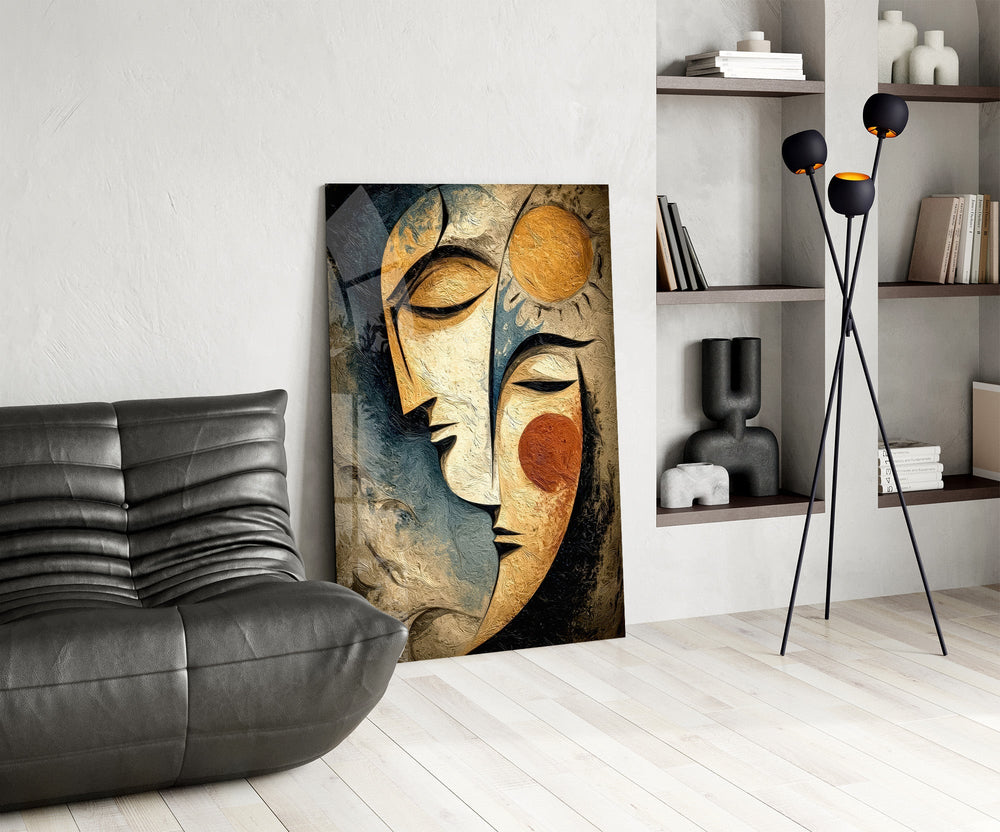 Sun and Moon Faces Cubist Textured Glass Wall Art