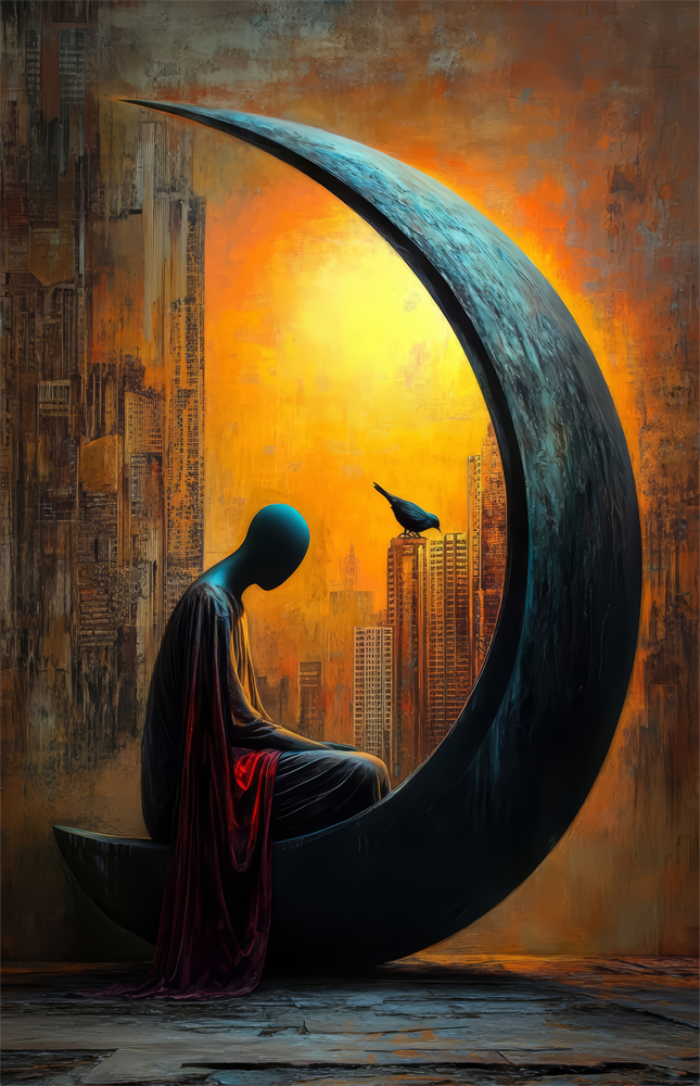 Solitary Figure on a Crescent Moon Surreal Glass Wall Art