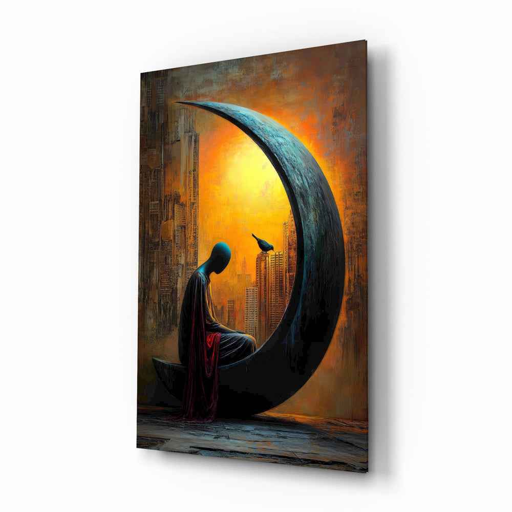 Solitary Figure on a Crescent Moon Surreal Glass Wall Art
