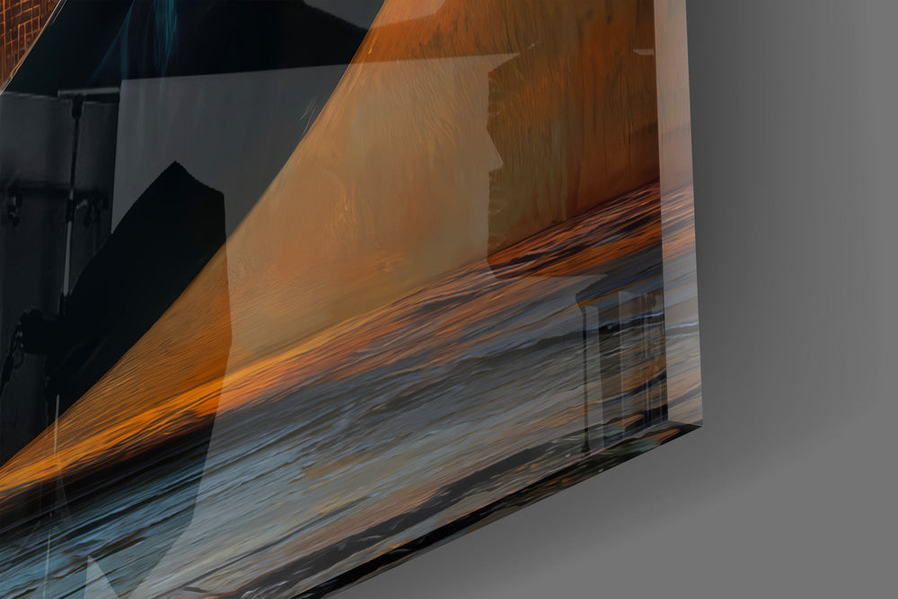 Solitary Figure on a Crescent Moon Surreal Glass Wall Art