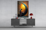 Solitary Figure on a Crescent Moon Surreal Glass Wall Art