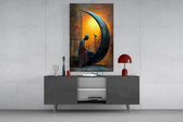 Solitary Figure on a Crescent Moon Surreal Glass Wall Art