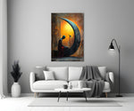 Solitary Figure on a Crescent Moon Surreal Glass Wall Art