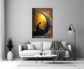 Solitary Figure on a Crescent Moon Surreal Glass Wall Art