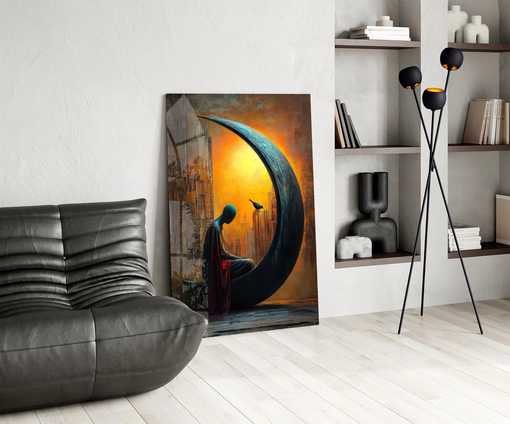 Solitary Figure on a Crescent Moon Surreal Glass Wall Art