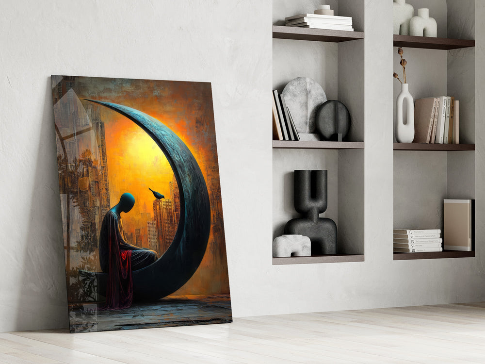 Solitary Figure on a Crescent Moon Surreal Glass Wall Art