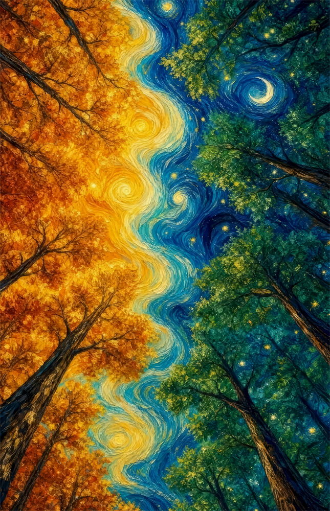 Autumn and Night Forest Swirl Post-Impressionist Glass Wall Art