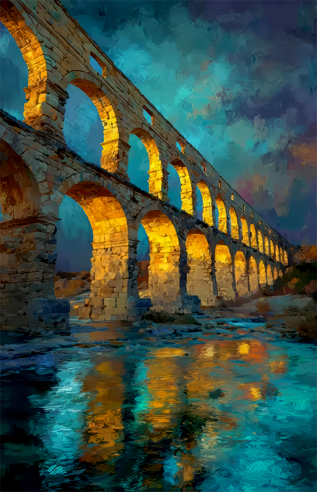 Roman Aqueduct at Dusk Impressionist Glass Wall Art