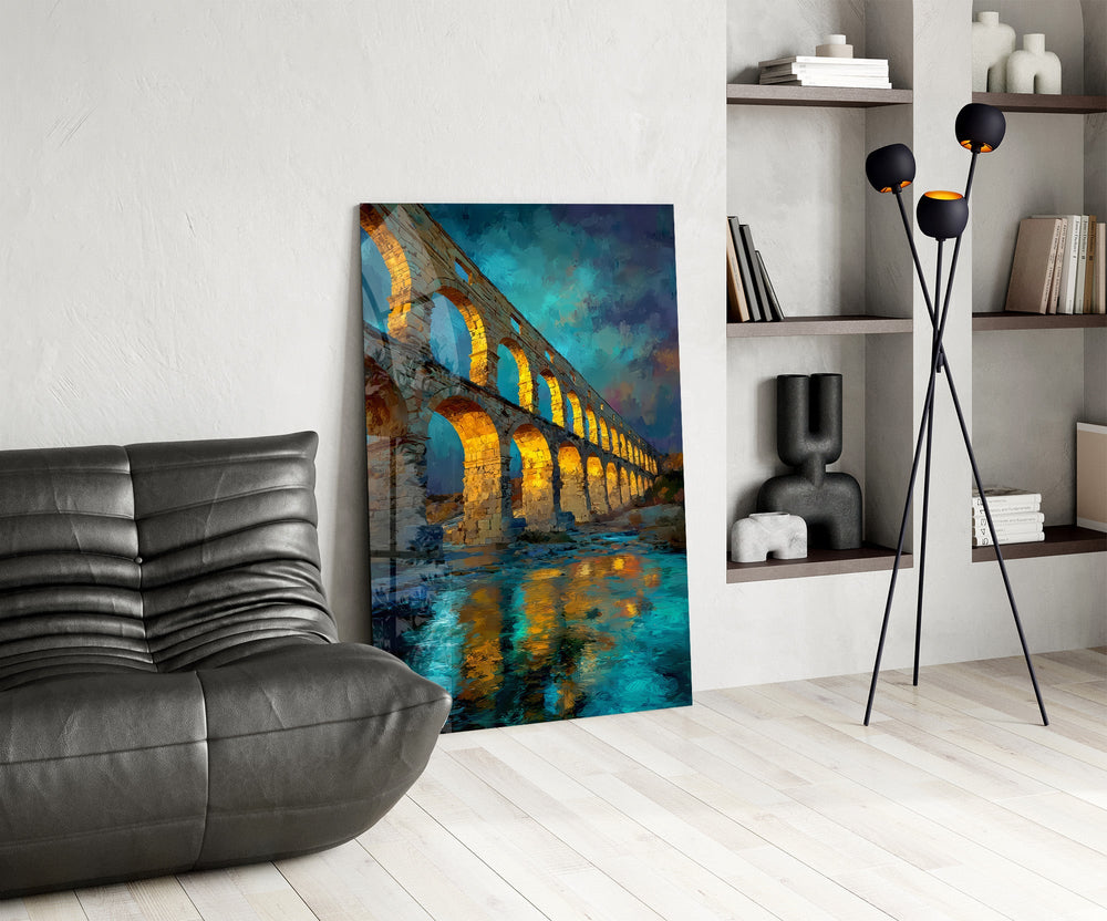 Roman Aqueduct at Dusk Impressionist Glass Wall Art