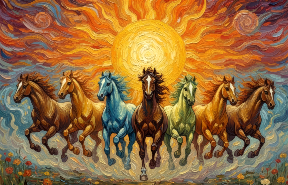 Seven Running Horses Under a Blazing Sun Glass Wall Art