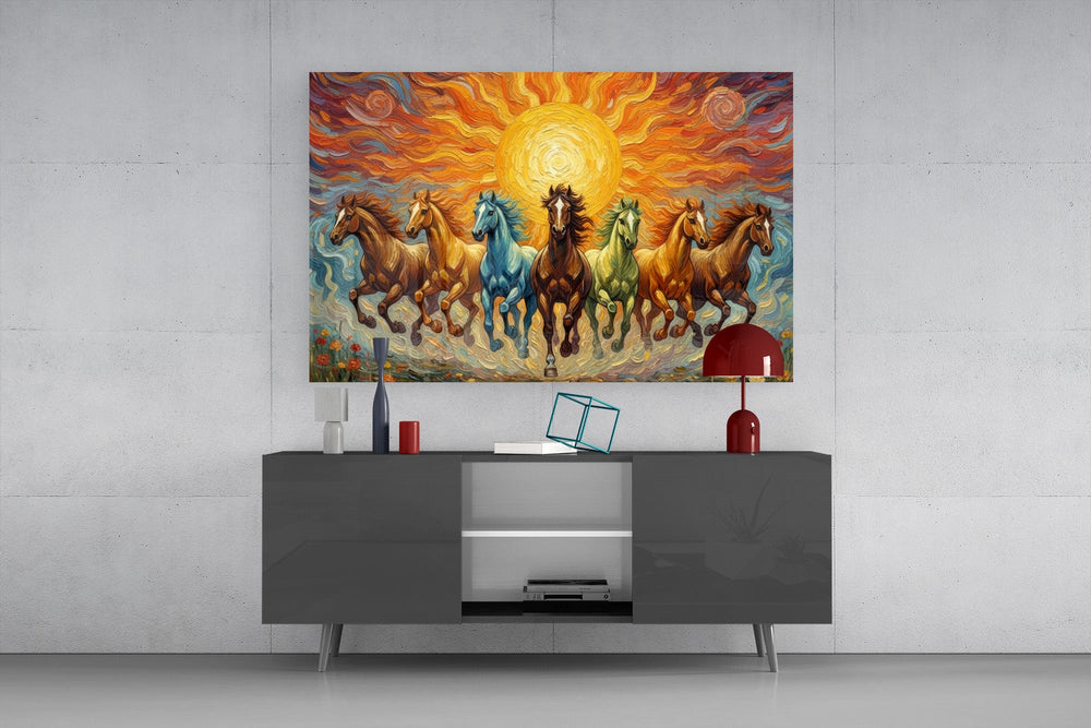 Seven Running Horses Under a Blazing Sun Glass Wall Art