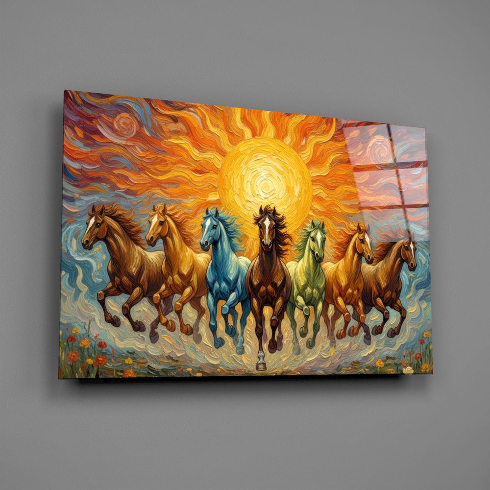 Seven Running Horses Under a Blazing Sun Glass Wall Art