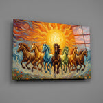 Seven Running Horses Under a Blazing Sun Glass Wall Art