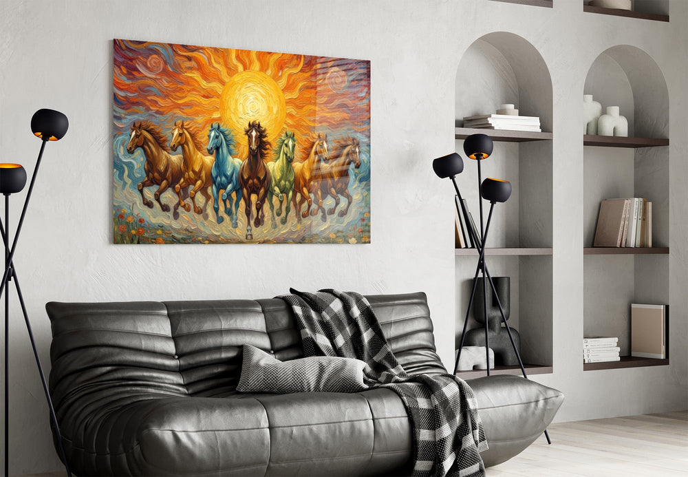 Seven Running Horses Under a Blazing Sun Glass Wall Art