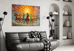 Seven Running Horses Under a Blazing Sun Glass Wall Art