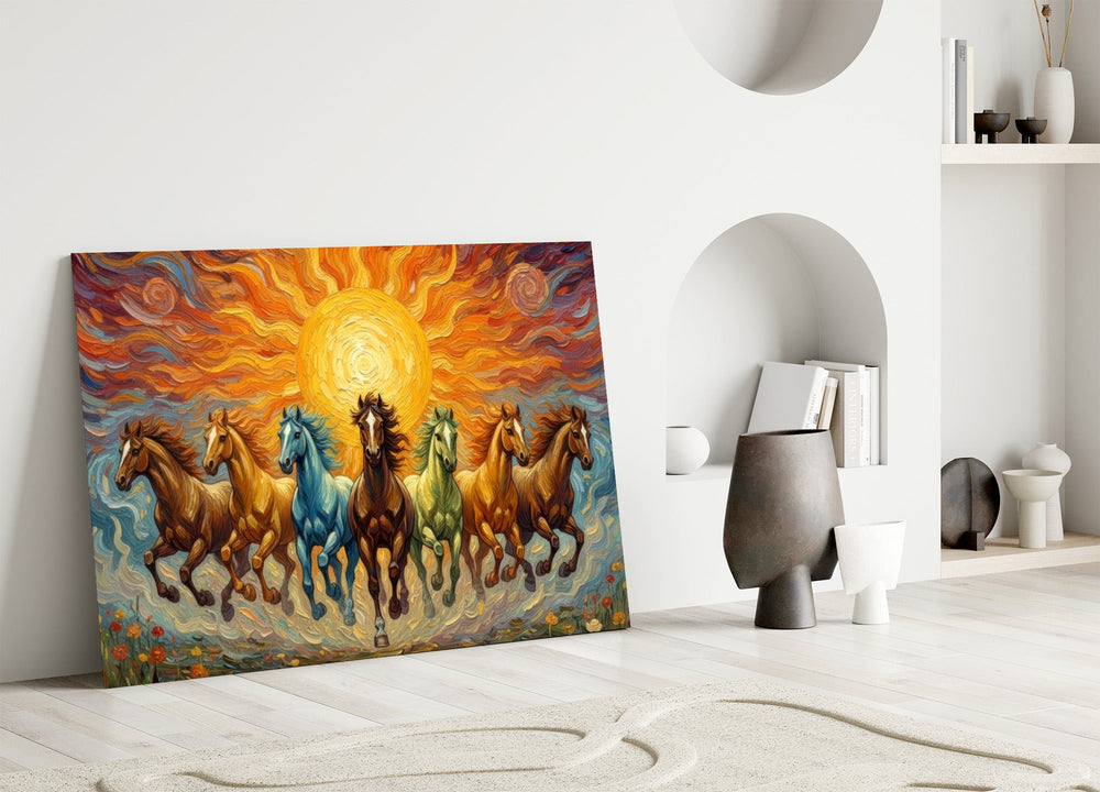 Seven Running Horses Under a Blazing Sun Glass Wall Art