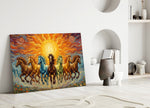 Seven Running Horses Under a Blazing Sun Glass Wall Art