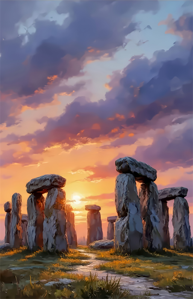 Stonehenge at Sunset Painterly Landscape Glass Wall Art
