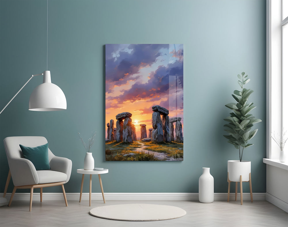 Stonehenge at Sunset Painterly Landscape Glass Wall Art