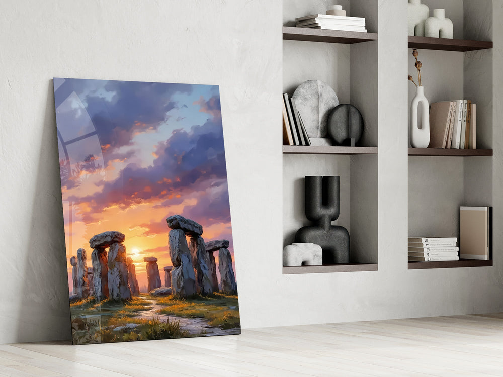 Stonehenge at Sunset Painterly Landscape Glass Wall Art