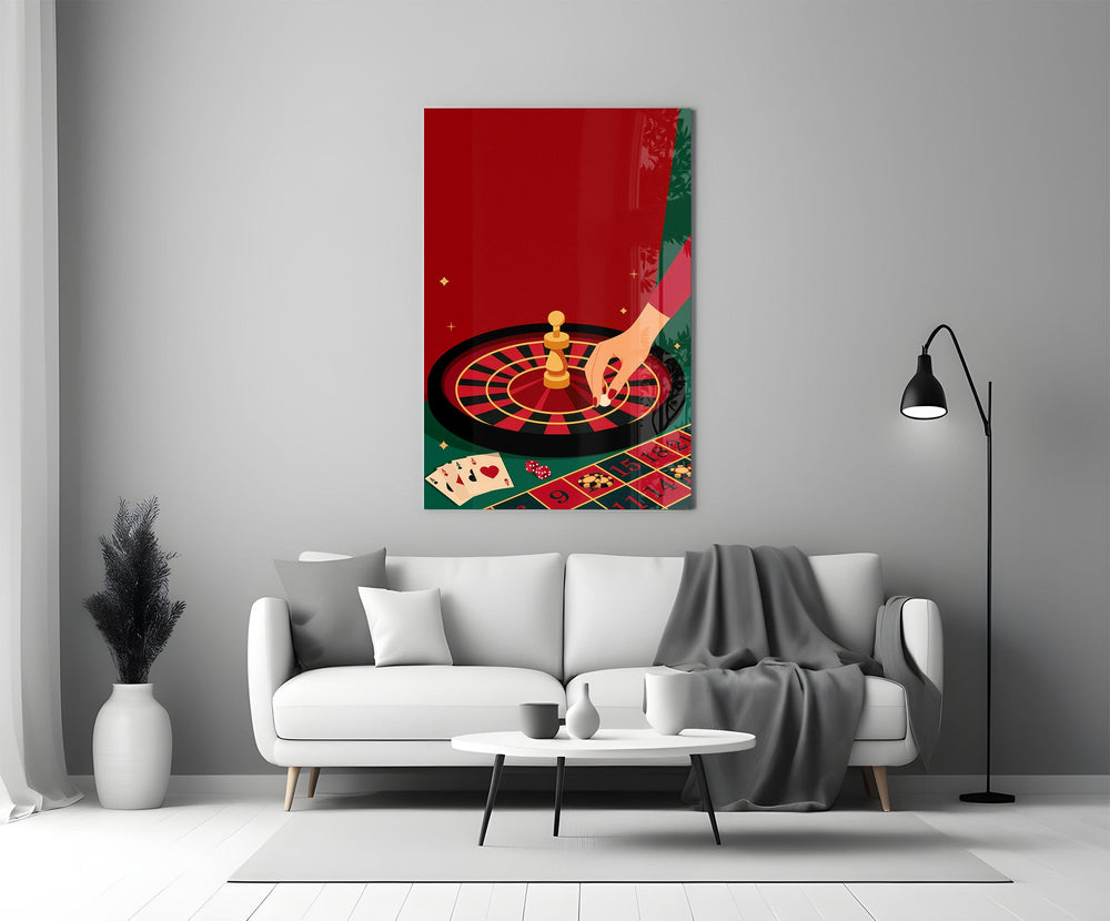 Roulette Wheel and Chess King Casino Illustration Glass Wall Art
