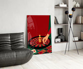 Roulette Wheel and Chess King Casino Illustration Glass Wall Art