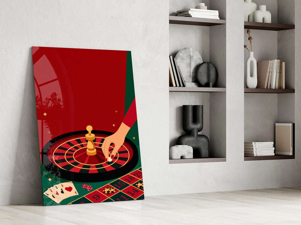 Roulette Wheel and Chess King Casino Illustration Glass Wall Art