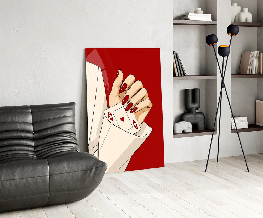Aces Up the Sleeve Red Pop Art Glass Wall Art